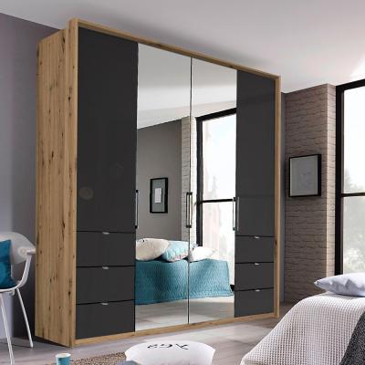 Rauch Erimo 204cm 4 Door Combi Wardrobe with 6 Drawer - Artisan Oak and Basalt Glass