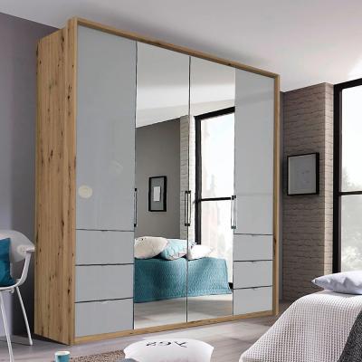 Rauch Erimo 204cm 4 Door Combi Wardrobe with 6 Drawer - Artisan Oak and Silk Grey Glass