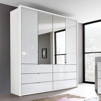 Rauch Erimo 204cm 4 Door Combi Wardrobe with Drawer - Alpine White and Crystal White Glass