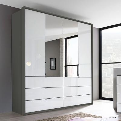 Rauch Erimo 204cm 4 Door Combi Wardrobe with Drawer - Graphite and Crystal White Glass
