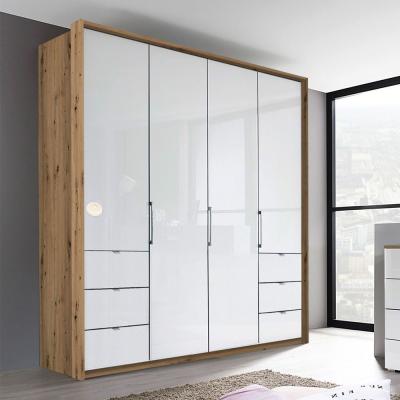 Rauch Erimo 204cm 4 Door Wardrobe with 6 Drawer - Artisan Oak and Crystal White Glass
