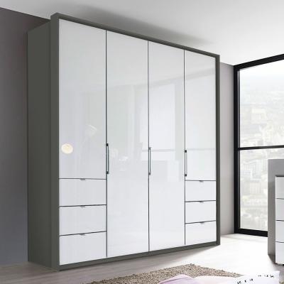 Rauch Erimo 204cm 4 Door Wardrobe with 6 Drawer - Graphite and Crystal White Glass