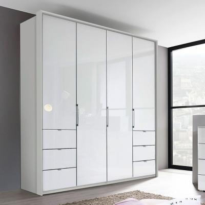 Rauch Erimo 204cm 4 Door Wardrobe with 6 Drawer - Silk Grey and Crystal White Glass