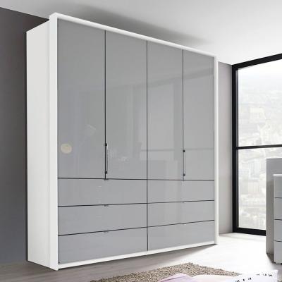Rauch Erimo 204cm 4 Door Wardrobe with Drawer - Alpine White and Silk Grey Glass