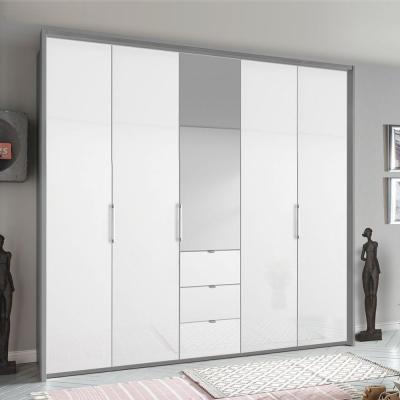 Rauch Erimo 254cm 5 Door Combi Wardrobe with 3 Drawer - Silk Grey and Crystal White Glass