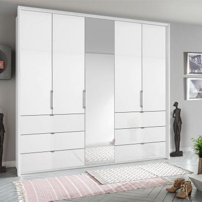 Rauch Erimo 254cm 5 Door Combi Wardrobe with 6 Drawer - Alpine White and Crystal White Glass