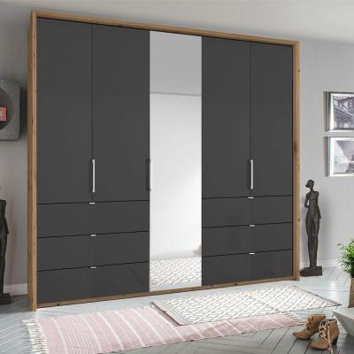 Rauch Erimo 254cm 5 Door Combi Wardrobe with 6 Drawer - Artisan Oak and Basalt Glass