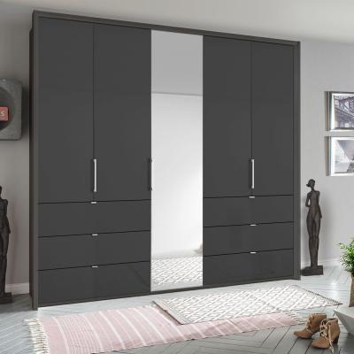 Rauch Erimo 254cm 5 Door Combi Wardrobe with 6 Drawer - Graphite and Basalt Glass