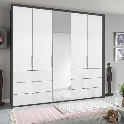 Rauch Erimo 254cm 5 Door Combi Wardrobe with 6 Drawer - Graphite and Crystal White Glass