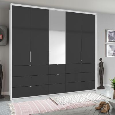 Rauch Erimo 254cm 5 Door Combi Wardrobe with 9 Drawer - Alpine White and Basalt Glass