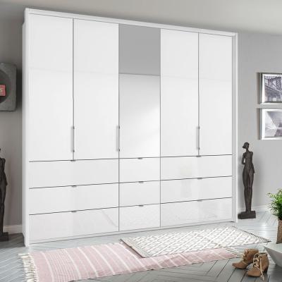 Rauch Erimo 254cm 5 Door Combi Wardrobe with 9 Drawer - Alpine White and Crystal White Glass