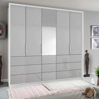 Rauch Erimo 254cm 5 Door Combi Wardrobe with 9 Drawer - Alpine White and Silk Grey Glass