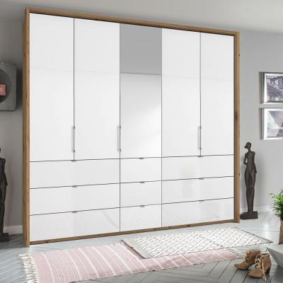Rauch Erimo 254cm 5 Door Combi Wardrobe with 9 Drawer - Artisan Oak and Crystal White Glass