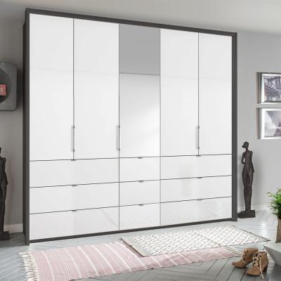 Rauch Erimo 254cm 5 Door Combi Wardrobe with 9 Drawer - Graphite and Crystal White Glass