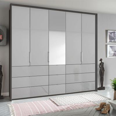 Rauch Erimo 254cm 5 Door Combi Wardrobe with 9 Drawer - Graphite and Silk Grey Glass