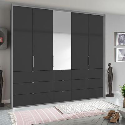 Rauch Erimo 254cm 5 Door Combi Wardrobe with 9 Drawer - Silk Grey and Basalt Glass