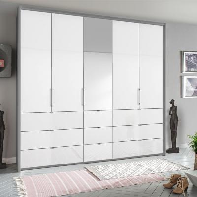 Rauch Erimo 254cm 5 Door Combi Wardrobe with 9 Drawer - Silk Grey and Crystal White Glass