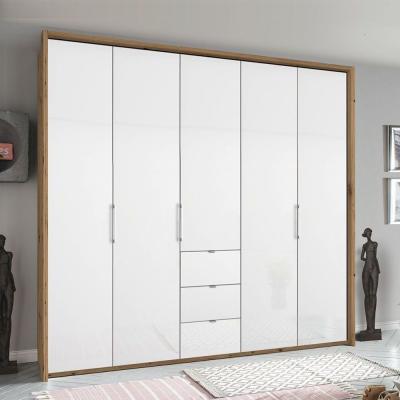 Rauch Erimo 254cm 5 Door Wardrobe with 3 Drawer - Artisan Oak and Crystal White Glass