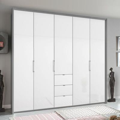 Rauch Erimo 254cm 5 Door Wardrobe with 3 Drawer - Silk Grey and Crystal White Glass
