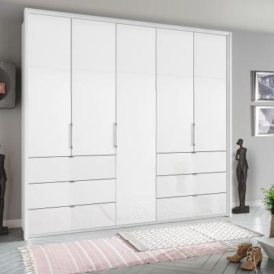 Rauch Erimo 254cm 5 Door Wardrobe with 6 Drawer - Alpine White and Crystal White Glass