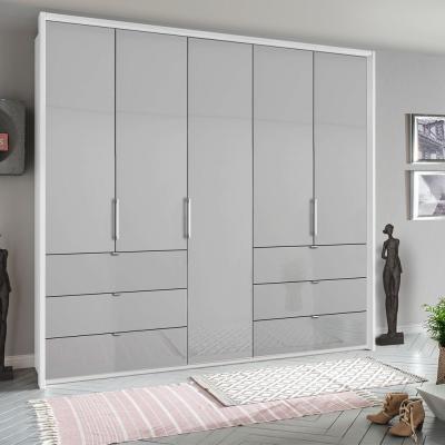 Rauch Erimo 254cm 5 Door Wardrobe with 6 Drawer - Alpine White and Silk Grey Glass