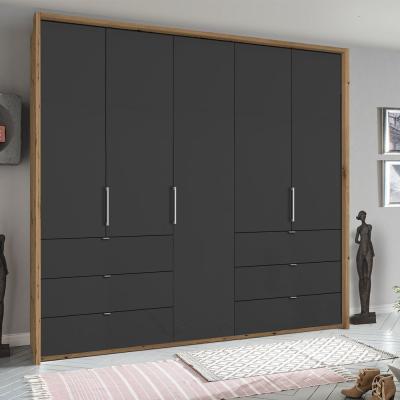Rauch Erimo 254cm 5 Door Wardrobe with 6 Drawer - Artisan Oak and Basalt Glass