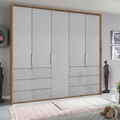Rauch Erimo 254cm 5 Door Wardrobe with 6 Drawer - Artisan Oak and Silk Grey Glass