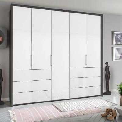 Rauch Erimo 254cm 5 Door Wardrobe with 6 Drawer - Graphite and Crystal White Glass
