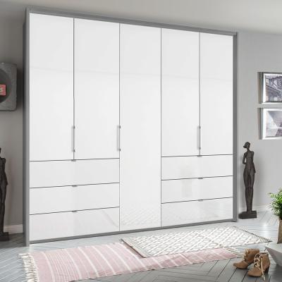 Rauch Erimo 254cm 5 Door Wardrobe with 6 Drawer - Silk Grey and Crystal White Glass