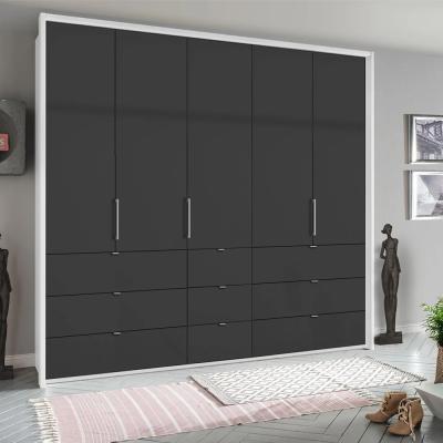 Rauch Erimo 254cm 5 Door Wardrobe with 9 Drawer - Alpine White and Basalt Glass
