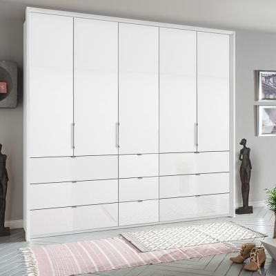 Rauch Erimo 254cm 5 Door Wardrobe with 9 Drawer - Alpine White and Crystal White Glass