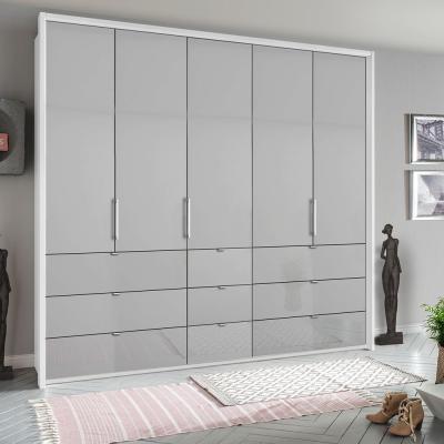 Rauch Erimo 254cm 5 Door Wardrobe with 9 Drawer - Alpine White and Silk Grey Glass