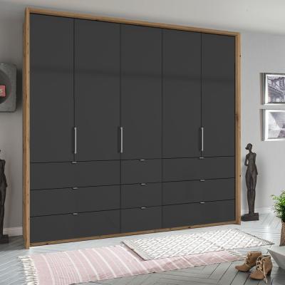 Rauch Erimo 254cm 5 Door Wardrobe with 9 Drawer - Artisan Oak and Basalt Glass
