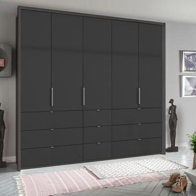 Rauch Erimo 254cm 5 Door Wardrobe with 9 Drawer - Graphite and Basalt Glass
