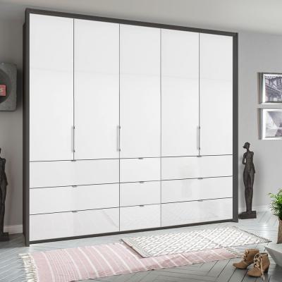 Rauch Erimo 254cm 5 Door Wardrobe with 9 Drawer - Graphite and Crystal White Glass