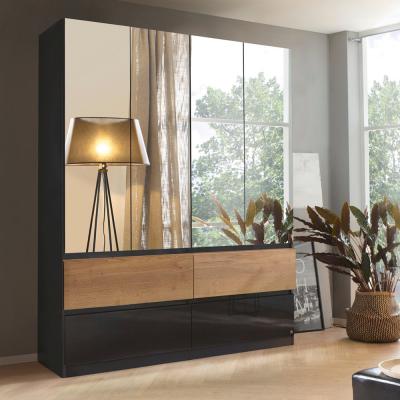 Winnipeg Wardrobe - 181cm - 4 Door - Mirror - High Gloss Metallic Dark Grey & Halifax Oak
