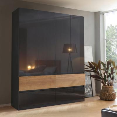 Rauch Winnipeg 181cm 4 Door Wardrobe - Metallic Dark Grey High Gloss and Halifax Oak