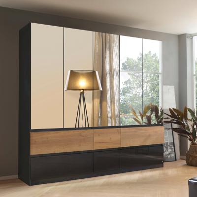 Rauch Winnipeg 226cm 5 Door Wardrobe with Mirror - Metallic Dark Grey High Gloss and Halifax Oak