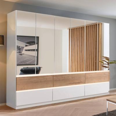 Rauch Winnipeg 271cm 6 Door Wardrobe with Mirror and Lighting - Alpine White and Halifax Oak