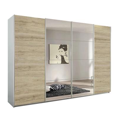 Rauch Syncrono 316cm 4 Door Sliding Wardrobe with Mirror - Silk Grey and Sanremo Oak Light