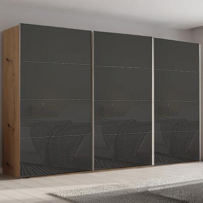 Rauch Beluga Extra 406cm 3 Door Sliding Wardrobe - Artisan Oak and Basalt Glass