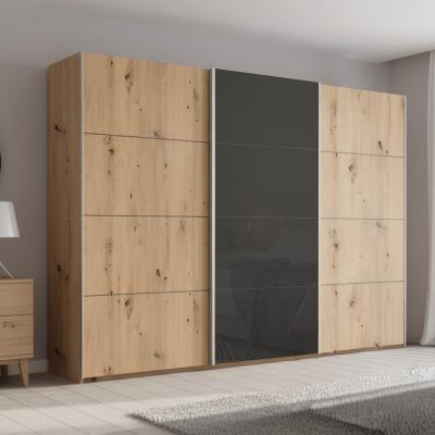 Rauch Beluga Extra 316cm 3 Door Sliding Wardrobe - Artisan Oak and Basalt Glass Front