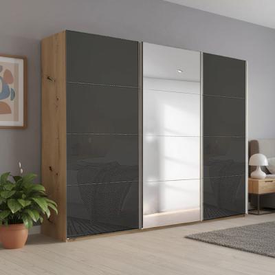 Rauch Beluga Extra 271cm 3 Door Sliding Wardrobe with Mirror - Artisan Oak and Basalt Glass