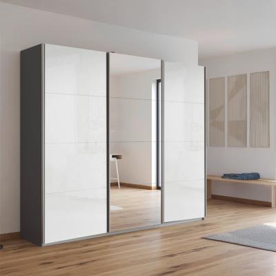 Rauch Kulmbach 203cm 3 Door Sliding Wardrobe with Mirror - Metallic Dark Grey and White High Gloss