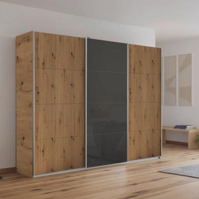 Rauch Kulmbach 271cm 3 Door Sliding Wardrobe - Artisan Oak and Basalt Glass Front