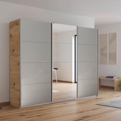 Rauch Kulmbach 271cm 3 Door Sliding Wardrobe with Mirror - Artisan Oak and Grey High Gloss