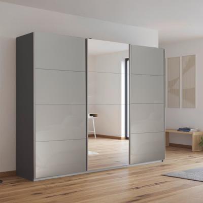 Rauch Kulmbach 271cm 3 Door Sliding Wardrobe with Mirror - Metallic Dark Grey and Grey High Gloss