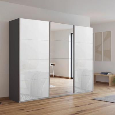 Rauch Kulmbach 271cm 3 Door Sliding Wardrobe with Mirror - Metallic Dark Grey and White Glass