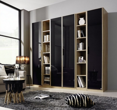 Product photograph of Rauch Essensa 251cm Basalt Glass 4 Door L Shaped Wardrobe - Oak Carcase from Choice Furniture Superstore