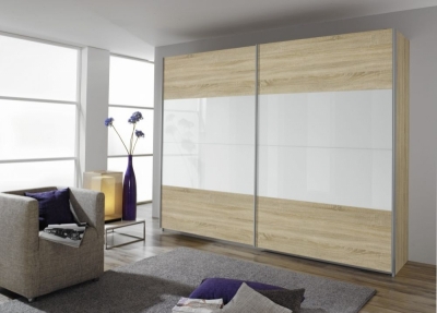 Product photograph of Quadra 2 Door Sliding Wardrobe In Oak And White Glass - W 271cm from Choice Furniture Superstore